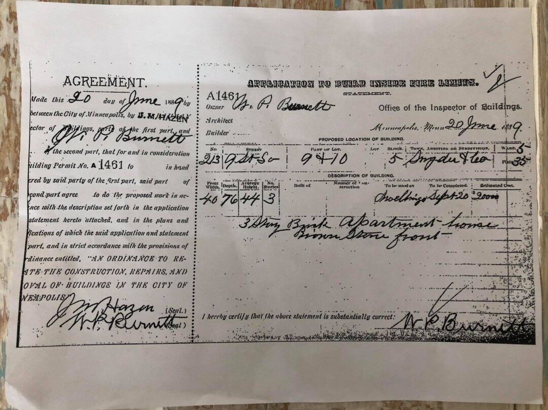 The original 1889 City of Minneapolis building permit for Oaklands on 9th, describing a three-story brick apartment house with a brownstone front.