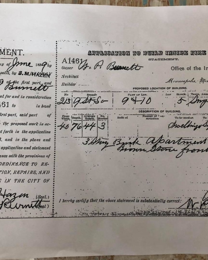 The original June 1889 building permit for Oaklands on 9th, listing owner W.P. Burnett and a three-story brick apartment house