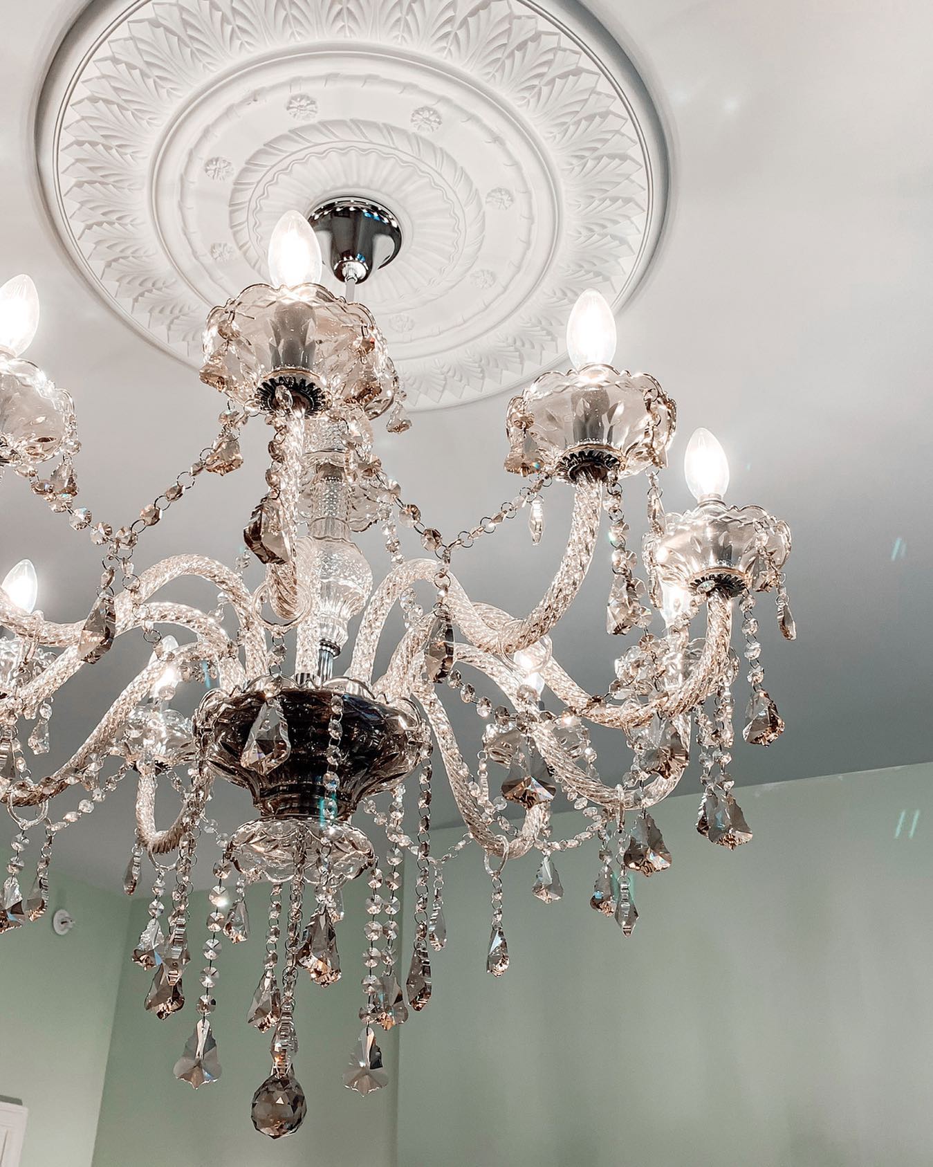 A crystal chandelier hanging from an ornate plaster ceiling medallion in a hallway at Oaklands on 9th, an 1889 Minneapolis brownstone.