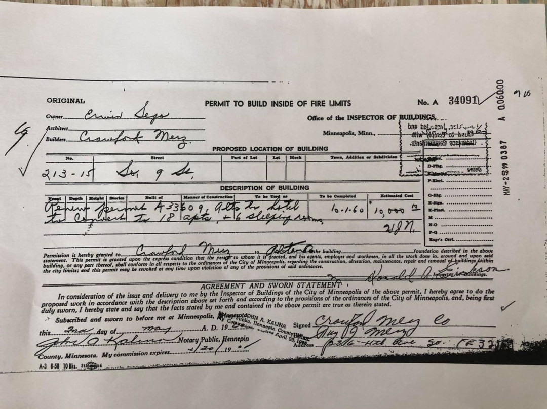 The 1960 Minneapolis building permit converting the Oaklands hotel into 18 apartments and 6 sleeping rooms at a cost of $10,000
