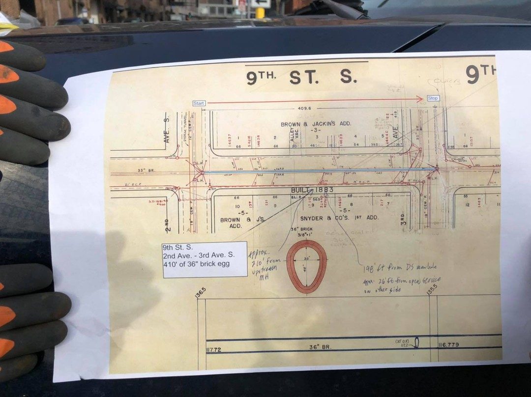 1883 City of Minneapolis sewer plan for 9th Street South labeled 410 feet of 36-inch brick egg, with a 30-by-45-inch cross-section.